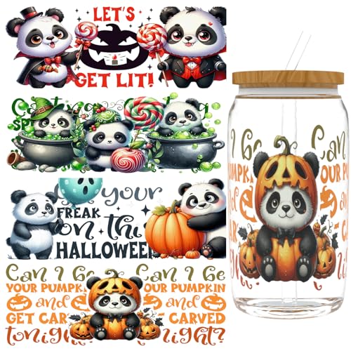 XRTHGS UV-DTF-Becherfolie für 473 ml, 4 Stück, UV-DTF-Transferpapier, DIY Handwerk, kann für Tassen, Gläser, Laptops, Thermosbecher usw. verwendet werden (Panda Halloween) von XRTHGS