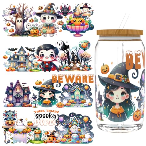 XRTHGS UV-DTF-Becherfolie für 473 ml, 4 Stück, UV-DTF-Transferpapier, DIY Handwerk, kann für Tassen, Gläser, Laptops, Thermosbecher usw. verwendet werden (niedliches Halloween) von XRTHGS