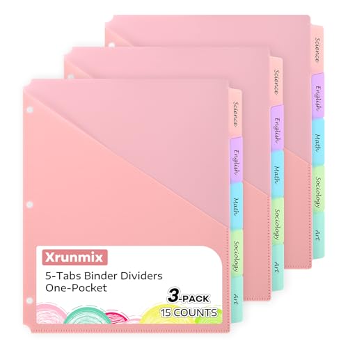 5 Registerkarten mit Taschen für 3-Ringordner, 15 Trennblätter für US-Buchstabengröße, Ordner-Trennblätter mit Registern für Schule, Büro und Zuhause, 5 Pastellfarben (3) von XRUNMIX