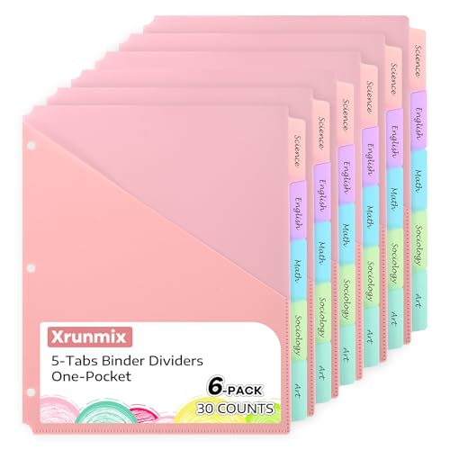 5 Registerkarten mit einer Tasche für 3-Ringordner, 5 Trennblätter für US-Briefgröße, Ordner-Trennblätter mit Registern für Schule, Büro und Zuhause, 5 Pastellfarben (6) von XRUNMIX