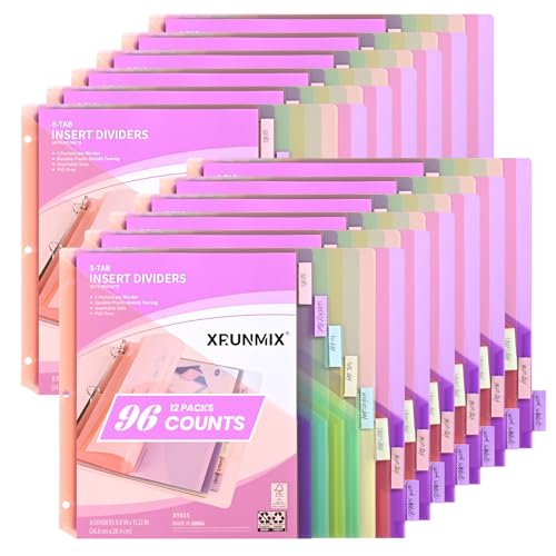 Ordner-Trennblätter mit 8 Registerkarten, 12 Packungen Trennblätter mit Taschen für 3 Ringbücher, 8 Pastellfarben, US-Briefgröße (12) von XRUNMIX