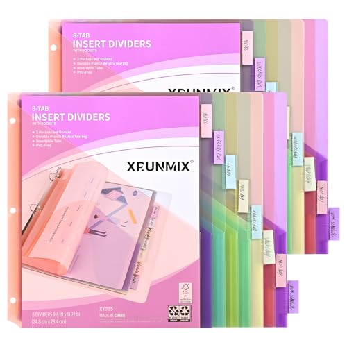 Ordner-Trennblätter mit 8 Registerkarten und 2 Taschen, Indextaschen für 3 Ringbücher, 8 Pastellfarben, US-Buchstabengröße (2 Packungen – 16 Stück) von XRUNMIX