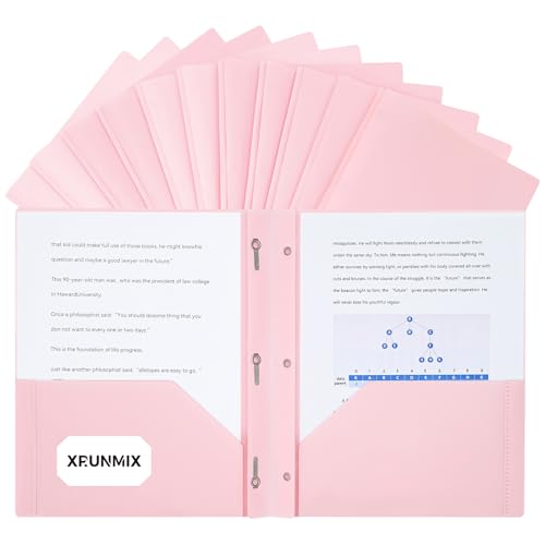 Ordner mit 2 Fächern mit 3 Zinken, Briefformat, Kunststoffordner mit Taschen und Zinken, Poly-Kunststoff-Ordner für Büro und Schule, 6 Pastellfarben (Rosa, 12 Packungen) von XRUNMIX