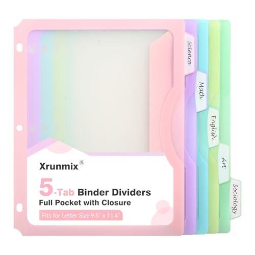 Trennblätter mit 5 Registern mit einer vollen Tasche, 5 Stück, 21,6 x 27,9 cm Trennblätter für 3 Ringbuch, 2,5 cm Rezeptbuch-Trennblätter mit 5 Registern für Schulanfang, Pastellfarbe (1) von XRUNMIX