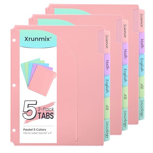 XY026 Trennblätter mit 5 Registerkarten für 3-Ringordner, 15 Zählungen, Register mit Taschen, 21,6 x 27,9 cm, Ordner-Trennblätter mit 1/5 geschnittenen Reitern für Schule, Büro (3) von XRUNMIX