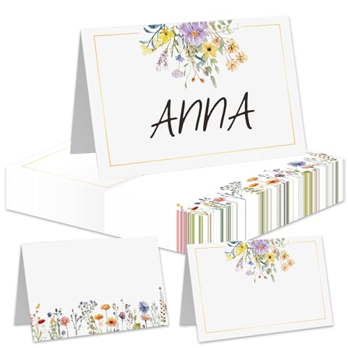 XSDSLS 100 Stück Tischkarten Schön dass du da bist,110x85mm Namenkarten Hochzeit Platzkarten Blumen,Tischkarten Blanko zum Beschriften Platzkarten für Hochzeit Geburtstag Feier Gäste von XSDSLS