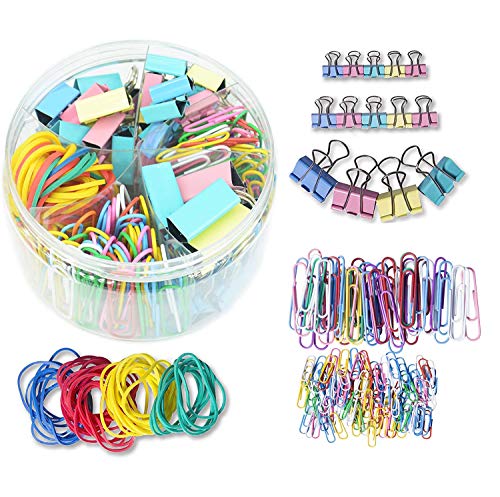 XSEXO Office Clips - Binderclips, Büroklammern, Gummibänder - 3 Größen Binder Clips, 2 Größen Büroklammern, 4 Farben Gummibänder - Metall - Multi-Colored - 240 Stück von XSEXO