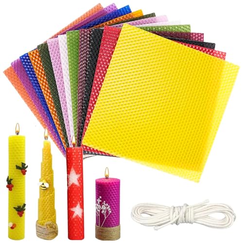 XSHAO® 12 Farben Bienenwachskerzen Selber Machen Set, 20 x 20 cm Bienenwachsplatten für Kerzen mit 6m Baumwolldocht für DIY-Kerzen für Erwachsene und Kinder von XSHAO