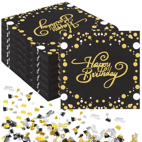XSHAO® 80 Stück Servietten Happy Birthday, 33x33cm Servietten Gold Schwarz mit Geburtstag Konfetti für Junge Mädchen Geburtstag Party Deko von XSHAO