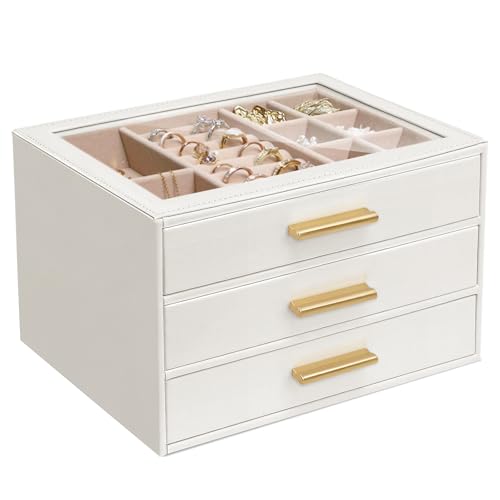 XTQINJIN Schmuckschatulle für Damen, Glasdeckel, Leder-Schmuck-Organizer und Aufbewahrung mit 3 Schubladen, großes Fassungsvermögen für Halsketten, Ohrringe, Ringe, Armbänder, moderner Stil (weiß) von XTQINJIN