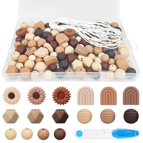 XTUDOU® 112 Stück Silikonperlen, Silikonperlen Bulk mit Nylonseil, BlumenföRmige Silikonperlen Rund Lose für Die Herstellung Von SchlüSselanhäNgern, Halsketten, ArmbäNdern und Bastelarbeiten(Braun) von XTUDOU