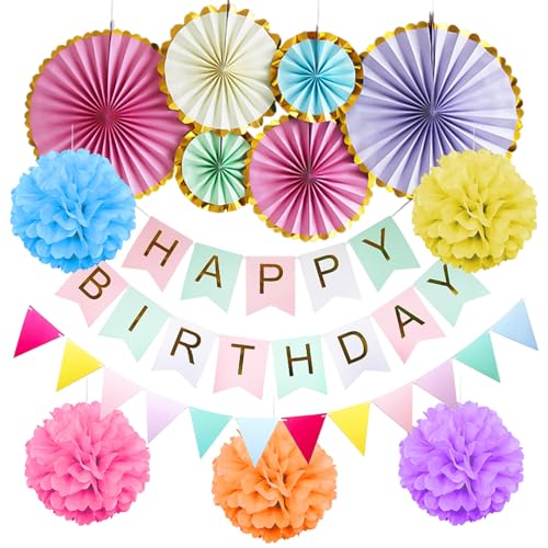 XTUDOU® Happy Birthday Girlande, Geburtstagsdeko Pastell, EnthäLt Wimpeln, Papierblumenbällen, Macaron-Papierfächern, Geburtstagsdeko Wiederverwendbar, Geeignet für MäDchengeburtstage von XTUDOU