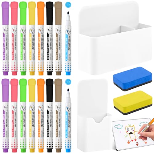 XTUDOU® Whiteboard Stifte Set, 16 White Board Marker Pens, 2 Aufbewahrungsboxen, mit 2 Stifthalter Magnetisch, Magnetischer Stiftehalter Weiß für Schule, BüRo, (Weiß) von XTUDOU