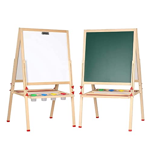 Whiteboard und Tafel Kinder 57×55 cm Kreidetafel und Magnettafel Staffelei Schreibtafel Kinder Maltafel Kinder Kindertafel Holz Doppelseitige Höhenverstellbar 80-148 cm Standtafel mit Schreibwaren-Set von XUANYU