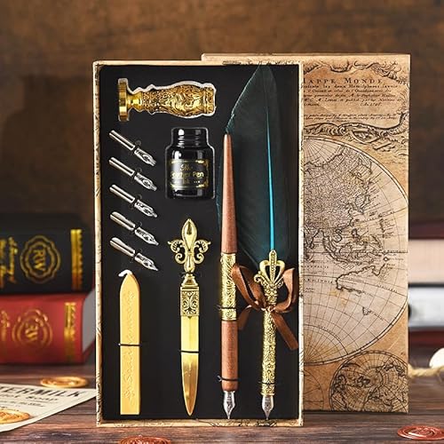 XUBX Kalligraphie Stift Set, Federkiel Feder Kalligraphie-Stift Set, luxuriöser Federhalter und Tinte, Füllfederhalter Stift Set mit 17 Federn, Stifthalter, Siegelstempel und Wachs, Schreibfeder(Blau) XUBX Kalligraphie Stift Set, Federkiel Feder Kalligraphie-Stift Set, luxuriöser Federhalter und Tinte, Füllfederhalter Stift Set mit 17 Federn, Stifthalter, Siegelstempel und Wachs, Schreibfeder(Blau) von XUBX