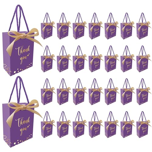 30 Stück Mini-Papiertüten, 4,3''x2,4''x6'',Dankeschön“-Geschenktüte mit Griff und Schleifenband für Hochzeit, Babyparty, Abschlussfeier(Lila/Gold) von XUDIY