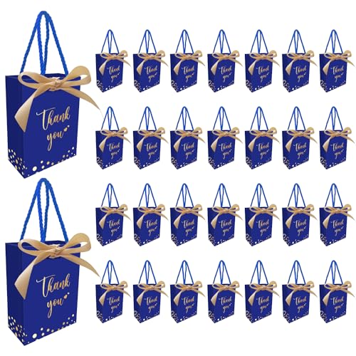 30 Stück Mini-Papiertüten, 4,3''x2,4''x6'',Dankeschön“-Geschenktüte mit Griff und Schleifenband für Hochzeit, Babyparty, Abschlussfeier (Blau/Gold) von XUDIY