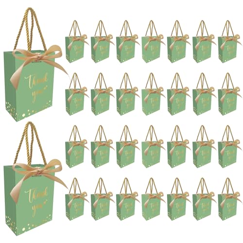 30 Stück Mini-Papiertüten, 4,3''x2,4''x6'',Dankeschön“-Geschenktüte mit Griff und Schleifenband für Hochzeit, Babyparty, Abschlussfeier (Grün/Gold) von XUDIY