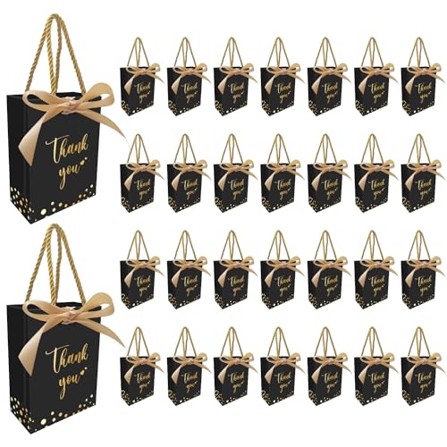 30 Stück Mini-Papiertüten, 4,3''x2,4''x6'',Dankeschön“-Geschenktüte mit Griff und Schleifenband für Hochzeit, Babyparty, Abschlussfeier (Schwarz/Gold) von XUDIY