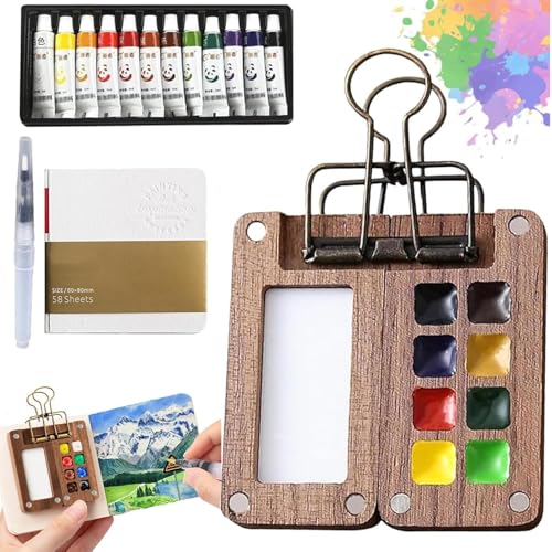 Mini Aquarell Set Pocket Aquarell Set Unterwegs, 8 Grids Mini Holz Aquarell Travel Set mit Binder-Clips, Aquarellpapier, Aquarellpinsel Stifte, Tragbare Palettefür Künstler, Hobbymaler, Anfänger Mini Aquarell Set Pocket Aquarell Set Unterwegs, 8 Grids Mini Holz Aquarell Travel Set mit Binder-Clips, Aquarellpapier, Aquarellpinsel Stifte, Tragbare Palettefür Künstler, Hobbymaler, Anfänger von XUDUOO