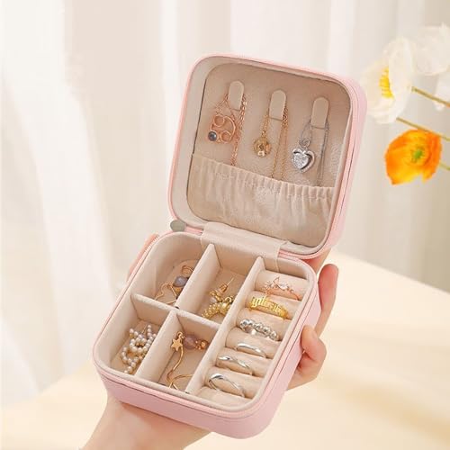 XUEHOU Schmuckschatulle Schmuck Organizer Schmuckbox Klein Tragbare Box Travel PU-Leder Reise Schmuckkästchen Damen Mini Aufbewahrungsbox Rosa für Ringe, Ohrringe, Halsketten von XUEHOU