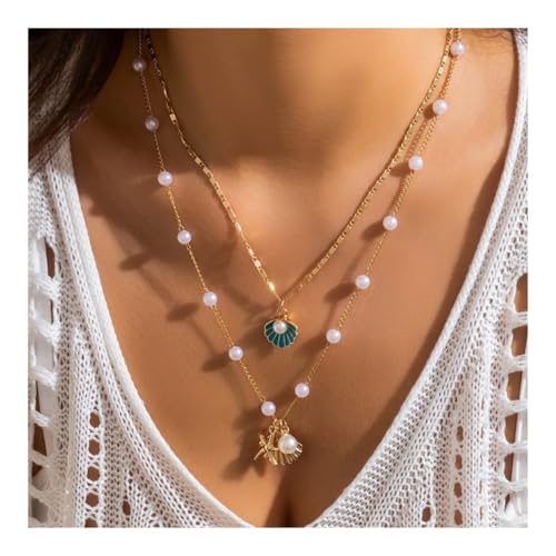 XUEQIZHENG Halsketten für Damen, Blaue Muschel-Kunstperlenkette mit Seestern-Anhänger aus Metall for Damen(Blue) von XUEQIZHENG