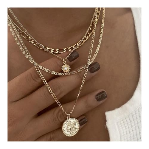 XUEQIZHENG Halsketten für Damen, Halskette mit mehrlagigem Münzanhänger im Punk-Stil, Unisex-Straßenschmuck for Männer und Frauen(Gold) von XUEQIZHENG