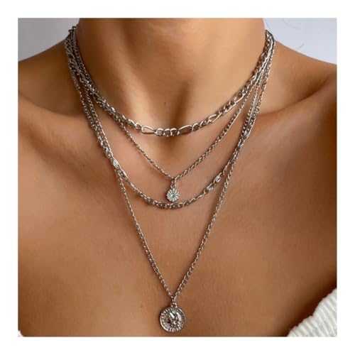 XUEQIZHENG Halsketten für Damen, Halskette mit mehrlagigem Münzanhänger im Punk-Stil, Unisex-Straßenschmuck for Männer und Frauen(Silver) von XUEQIZHENG