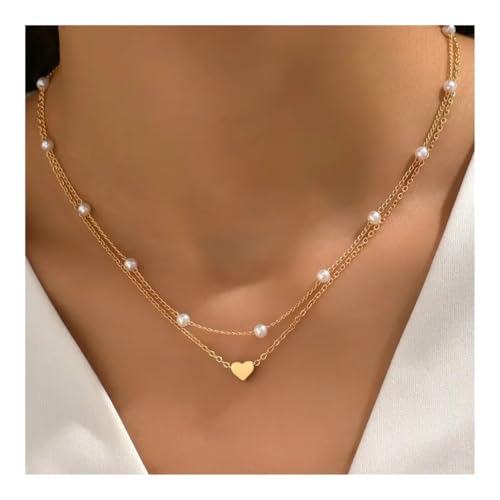 XUEQIZHENG Halsketten für Damen, Vintage Perlenherz-Anhänger Damen Halskette, Doppellagige Kette XUEQIZHENG Halsketten für Damen, Vintage Perlenherz-Anhänger Damen Halskette, Doppellagige Kette von XUEQIZHENG