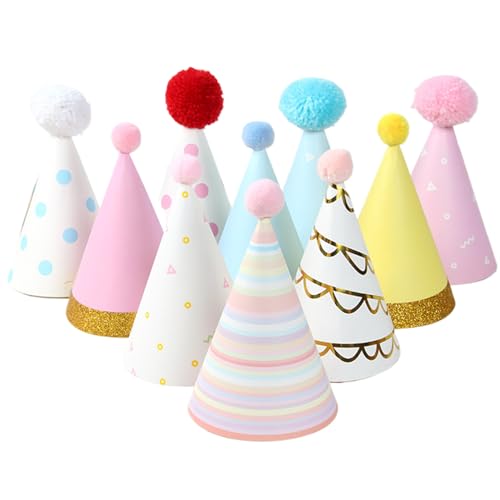 XUEYEGONGJI 10pcs Partyhüte 4x6.7in farbenfrohe Geburtstagshüte mit Pom Pom Poms Zufallsstil Geburtstagskegel mit elastischen Trägern dekorativen Hut für Kinder Erwachsene von XUEYEGONGJI