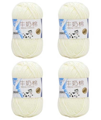 4 Rollen weiche bequeme Baumwollmischung Milchgarn Stoff Wolle Häkeln Strickzubehör für DIY Handwerk Spinning Materialien (weiß) von XUMIN