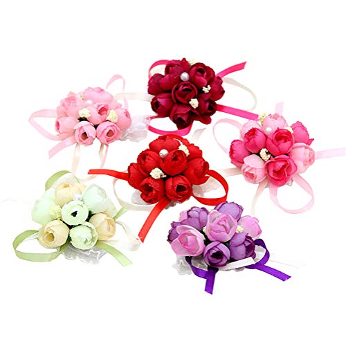 6 Stücke Farbe Zufällige Tuch Simulation Perle Blumen Armbänder Hochzeit Dekoration Braut Bridemaid Handgelenk Hand Blumen von XUMIN