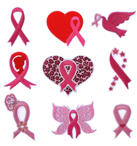 XUNHUI Brustkrebs gestickte Flicken Bügelapplikationen rosa Schmetterling Stickerei nähen Herz Hoffnung aufnähen Stoff Patches Applikationen für Kleidung 9 Stück von XUNHUI