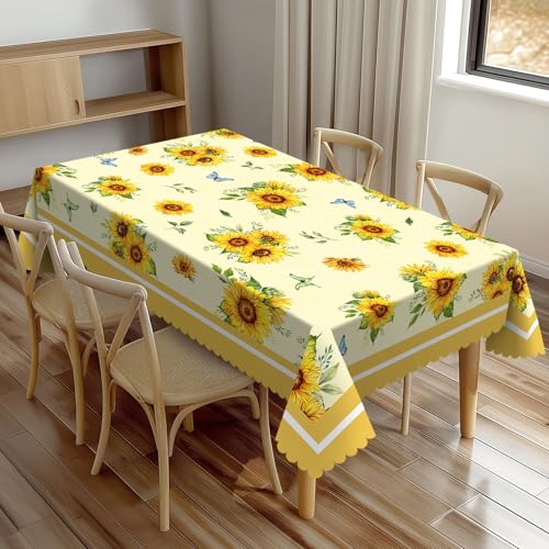 XUNNEECY Tischdecke mit Sonnenblumenmuster, rechteckig, Polyester, mit Spitzenbesatz, waschbar, Esstischdecke für Küche, Party, Outdoor, 137 x 183 cm, Gelb von XUNNEECY