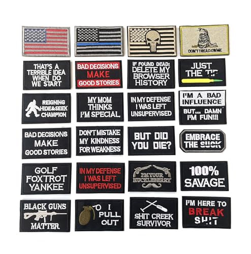 Bundle 24 Stück lustige taktische Militär-Aufnäher mit amerikanischer Flagge, komplettes Stickerei-Patch-Set für Mützen, Militäruniformen, taktische Ausrüstung (24 Stück Schlaufen- und Hakenflicken) von XUNQIAN