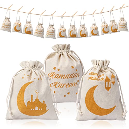 12 Stück Geschenksäckchen zu Ramadan Set, drei Muster Ramadan Geschenktüten mit Zugband 15 * 20cm Eid al-Fitr Baumwolle Stoffsäckchen Geschenkverpackung für DIY, Ramadan, Hochzeit, Schmuckbeutel von XUWAIDSGN