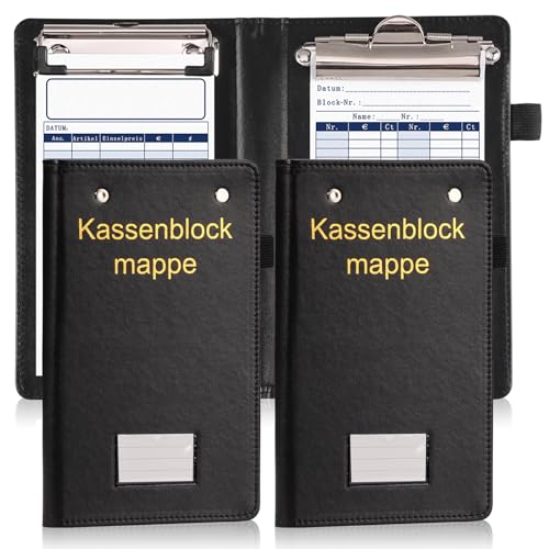 2 Stück Kassenblockmappe aus PU Leder 21x12x3cm Schreibmappe mit Metallklemmen Stifthalter Kassenblockhülle zur sicheren Aufbewahrung von Kassenblöcken 9,5x17,5cm Schwarz von XUWAIDSGN