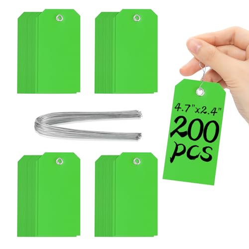 200 Stück 11,4 x 7,5 cm grüne Etiketten mit Draht, Kunststoff-Hängeetiketten zum Beschriften von Versandanhängern mit Schnur, wasserdicht, beschreibbarer Kunststoff für Inventar, Gepäck, Garage, Teile von XUWAIDSGN