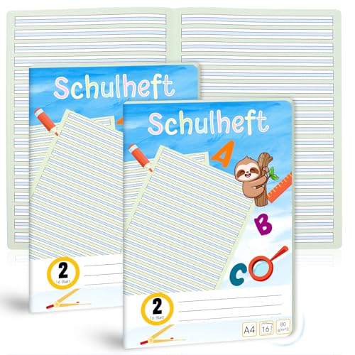 Schreiblernheft Lineatur 2 Din A4 1 Hefte je 16 Blatt Deutschheft 2 Klasse Als Schreiblernheft 100g/m²Bezug Runde Ecken Verhindern Eselsohren Liniertes Heft Farbig Hinterlegte Lineatur (3, Blue) von XUWAIDSGN