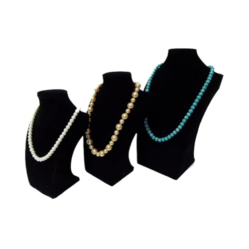 XUWEWI Halskettenständer Schwarzes Samt-Mannequin-Set, 3-teilig, Holzregal, Regal, Porträt, Schmuck, Halskette, Anhänger, Display, Requisite, Büste, Ständer, Halter for(3 Size In Set) von XUWEWI