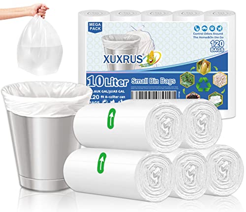 XUXRUS Biomüllbeutel Müllbeutel 10l,120 Stück Kleiner Recycling BioBeutel,Dicke 0.51 MIL Abbaubarer Küchen Lebensmittel Abfallbeutel aus Maisstärke für Küche,Wohnzimmer, Büro,5 Rollen,Weiß von XUXRUS