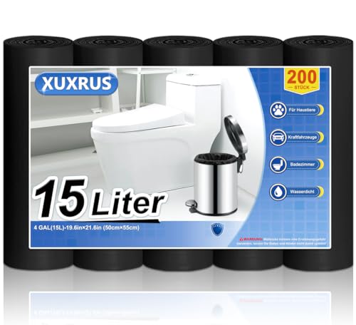 XUXRUS Schwarze Müllbeutel 15L Reißfest Müllsäcke Kleine Mülltüten für Badezimmer,Küche,Büro,200 Stück Blickdicht Abfallbeutel XUXRUS Schwarze Müllbeutel 15L Reißfest Müllsäcke Kleine Mülltüten für Badezimmer,Küche,Büro,200 Stück Blickdicht Abfallbeutel von XUXRUS