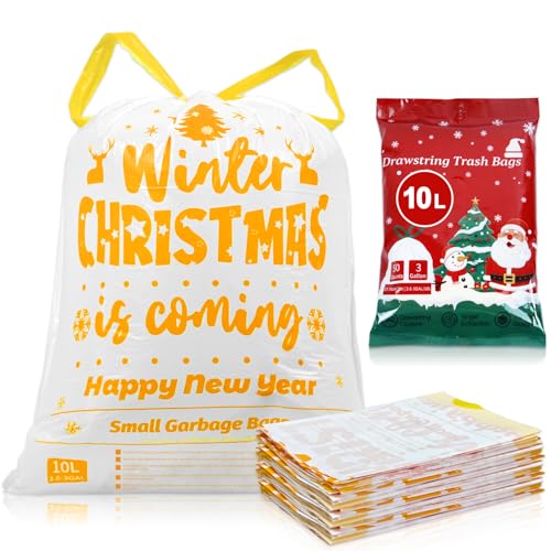XUXRUS Weihnachten Müllbeutel 10L Kleine Tretmüllbeutel, Leicht zu öffnender No-Tear Dispenser Starke Müllsäcke Auslaufsichere Küche Weiß Abfallsäcke Festliches Design 50 Beutel von XUXRUS