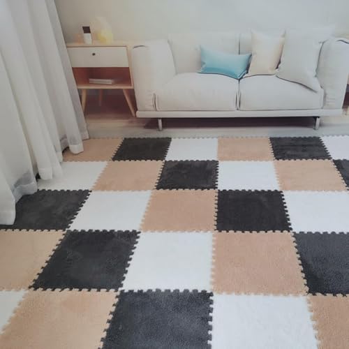 30 Stück, Flauschige, weiche Spielteppiche aus Eva-Schaumstoff, ineinandergreifende Teppichfliesen mit Rand, Puzzle-Schaumstoff-Teppich(Brown+Gray+White) von XUZWMAGZJ