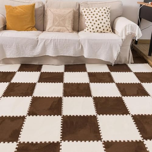 30 Stück, Flauschige, weiche Spielteppiche aus Eva-Schaumstoff, ineinandergreifende Teppichfliesen mit Rand, Puzzle-Schaumstoff-Teppich(Brown+White) von XUZWMAGZJ