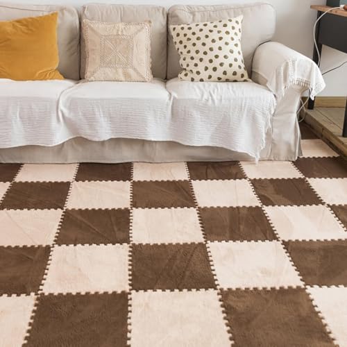 30 Stück, Flauschige, weiche Spielteppiche aus Eva-Schaumstoff, ineinandergreifende Teppichfliesen mit Rand, Puzzle-Schaumstoff-Teppich(Brown+brown1) von XUZWMAGZJ