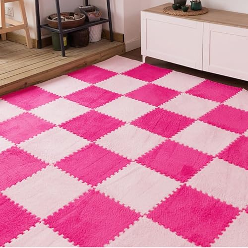 30 Stück, Flauschige, weiche Spielteppiche aus Eva-Schaumstoff, ineinandergreifende Teppichfliesen mit Rand, Puzzle-Schaumstoff-Teppich(Pink+Rose Red) von XUZWMAGZJ