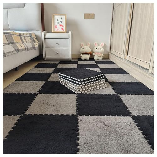 30 Stück 12 x 12 Zoll große ineinander greifende Plüsch-Teppichfliesen, Bodenmatte aus weichem Schaumstoff mit Quadraten, Flauschige Puzzle-Spielmatte aus Schaumstoff(Black+Gray) von XUZWMAGZJ
