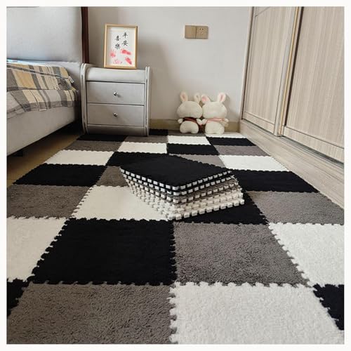30 Stück 12 x 12 Zoll große ineinander greifende Plüsch-Teppichfliesen, Bodenmatte aus weichem Schaumstoff mit Quadraten, Flauschige Puzzle-Spielmatte aus Schaumstoff(Black+Gray+White) von XUZWMAGZJ