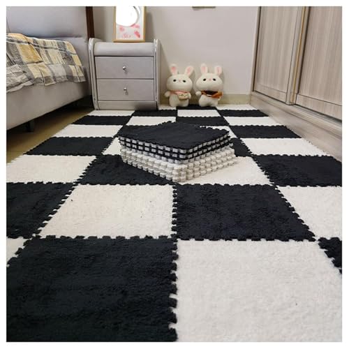 30 Stück 12 x 12 Zoll große ineinander greifende Plüsch-Teppichfliesen, Bodenmatte aus weichem Schaumstoff mit Quadraten, Flauschige Puzzle-Spielmatte aus Schaumstoff(Black+White) von XUZWMAGZJ